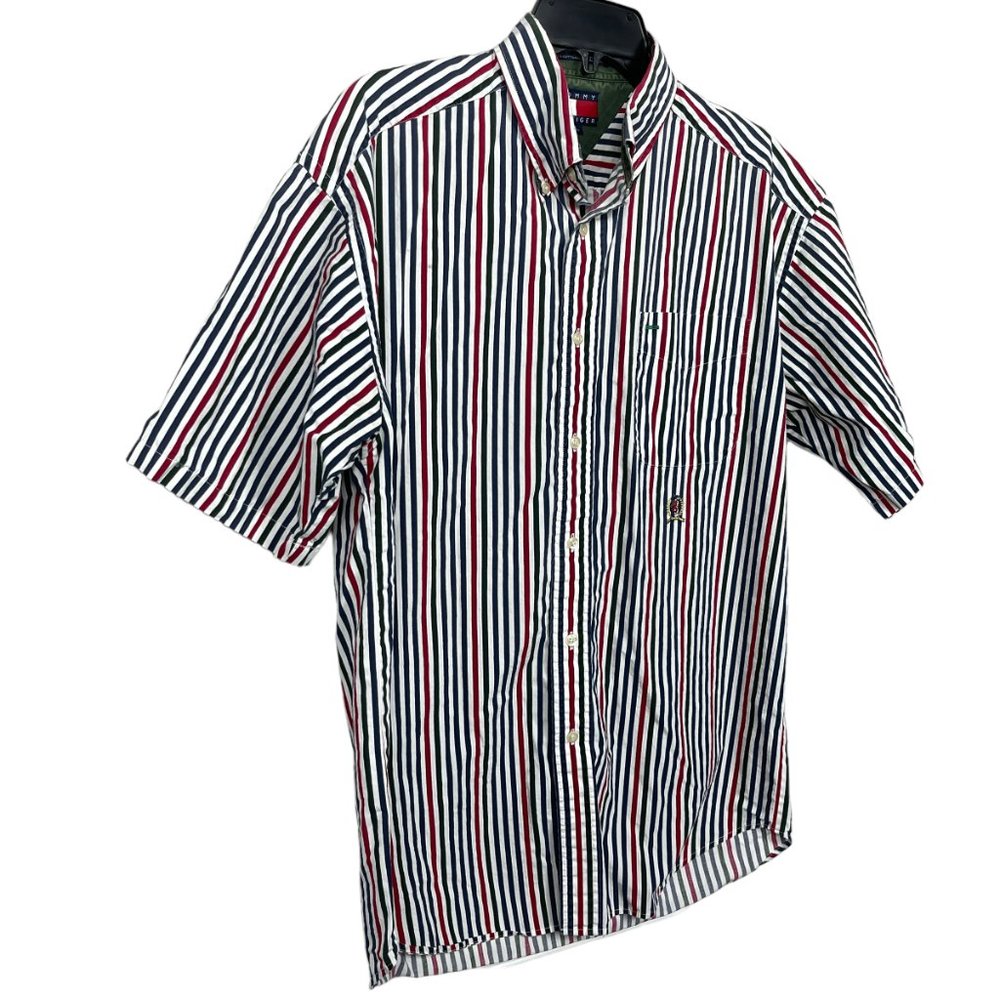 Vintage Tommy Hilfiger Button Down Shirt Mens L Short Sleeve Crest Multi Stripe - Picture 4 of 8